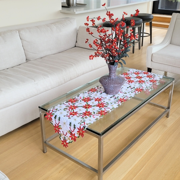 Other - Christmas Decoration Embroidered Table Runner Poinsettia & Holly Pattern